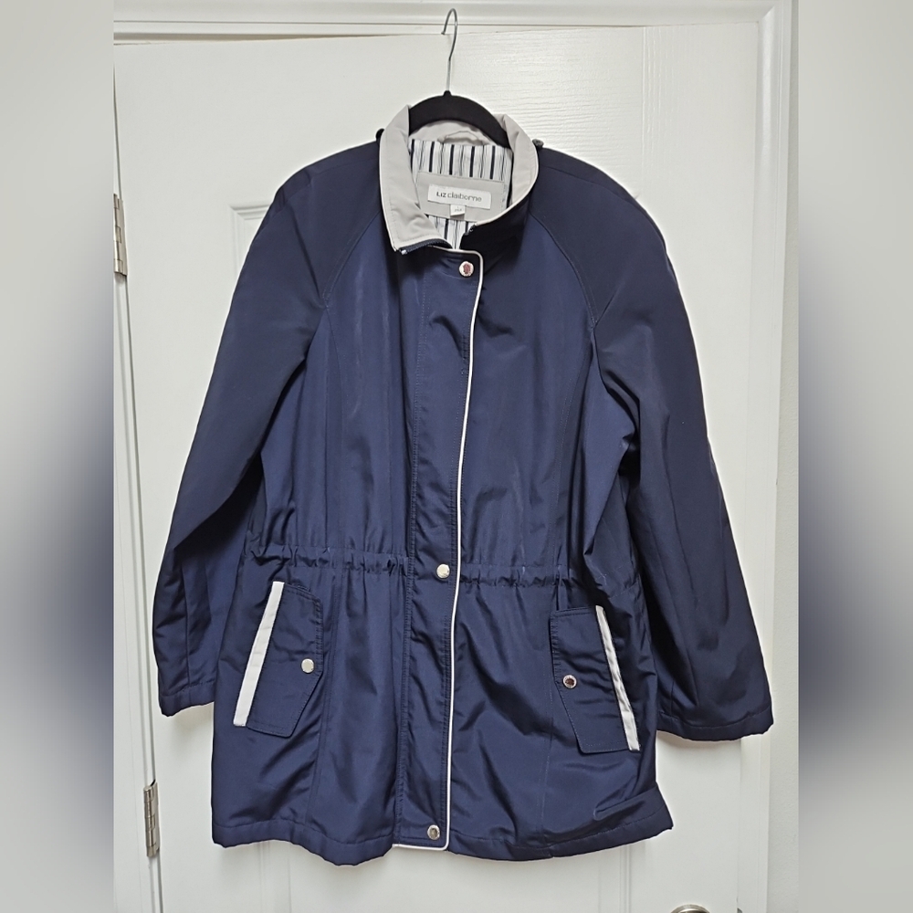 Liz Claiborne Navy Utility Jacket Size L Lightweight Anorak Cinch Waist.